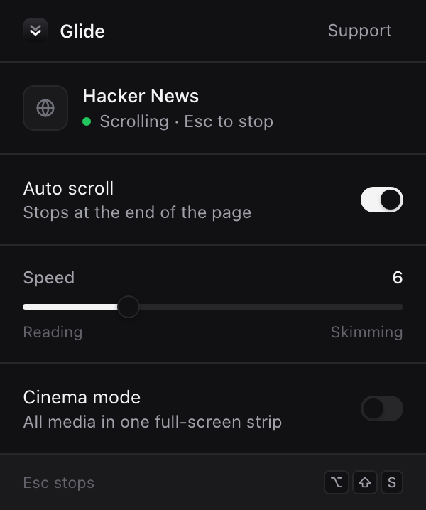 Glide popup on Hacker News: status 'Scrolling · Esc to stop', speed 6.