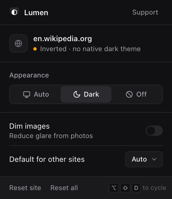 Lumen popup on en.wikipedia.org: status 'Inverted · no native dark theme', appearance set to Dark.
